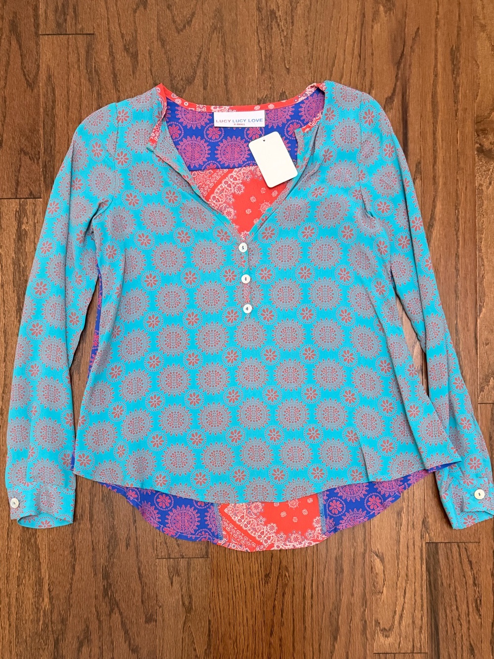 Lucy Love Boho Topanga Canyon Colorful Top Blouse Turquoise, Coral & Blue NWT